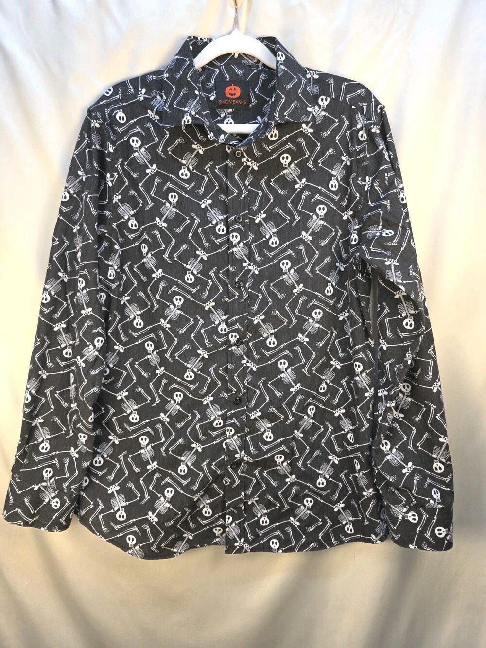 Simon Banks Men's Medium Black Skeleton Button Down Shirt Halloween Polyester